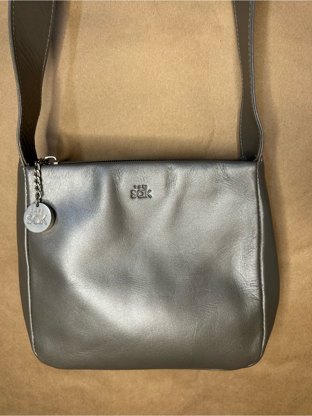 The Sak Genuine Leather Metallic Pewter Crossbody Bag